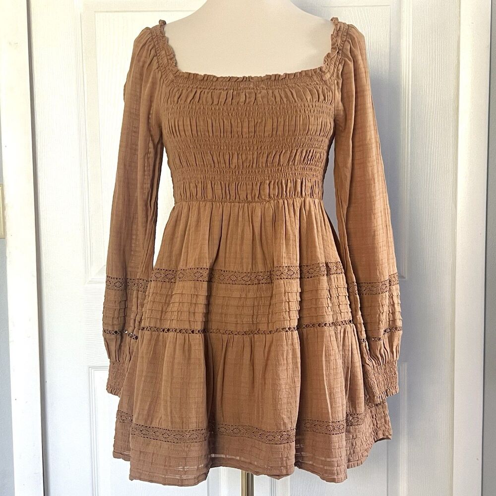 American Eagle Brown Long Sleeve Smocked Chest Babydoll Mini Dress Womens sz S